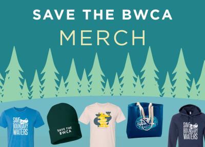merchandise over vibrant illustration of Boundary Waters