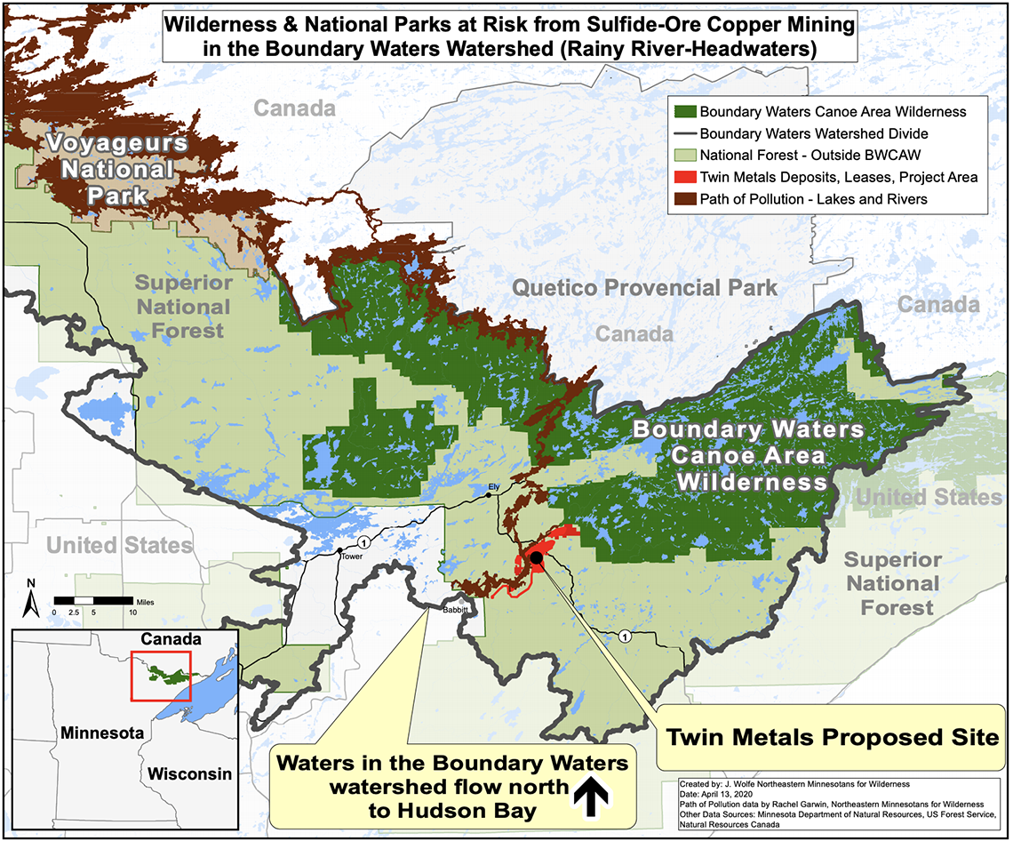 A map detailing the path of pollution that a Twin Metal mine would create.