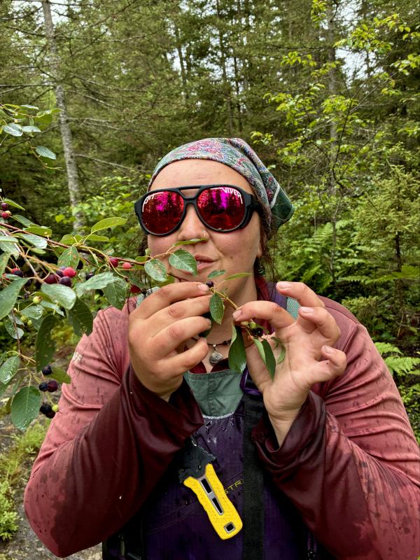 gillian eating juneberries in the boundary waters