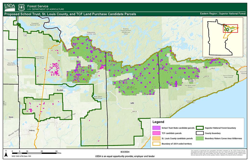 U.S. Forest Service map showing areas of School Trust Lands in the BWCA.