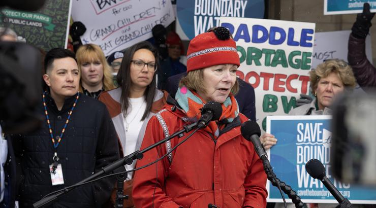 U.S. Senator Tina Smith speaks on the state capitol steps. 