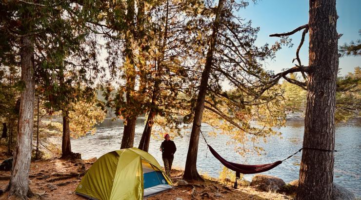 A green tent and purple hammock is set up near the lakeshore. 