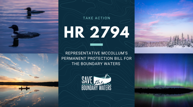 Four Scenic pictures of the Boundary Waters Canoe Area Wilderness with text about HR 2794