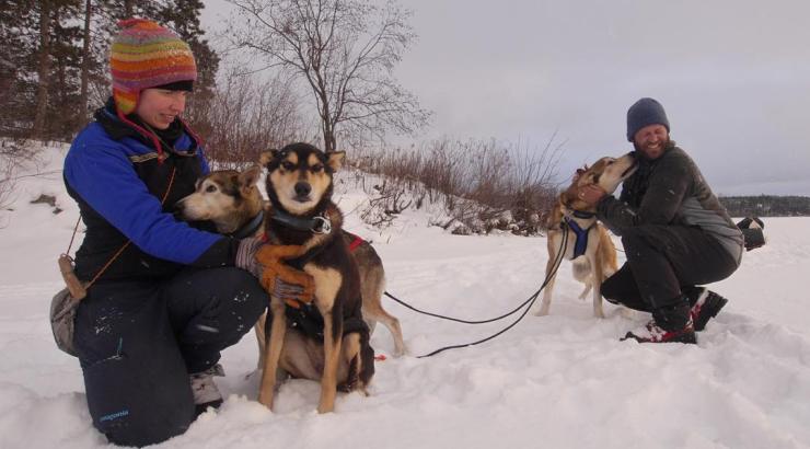 Photo of Amy and Dave Freeman crouching in snow petting sled dogs