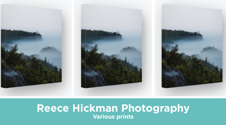 3 prints of cliffs over water and a text bar below saying Reece Hickman Photography