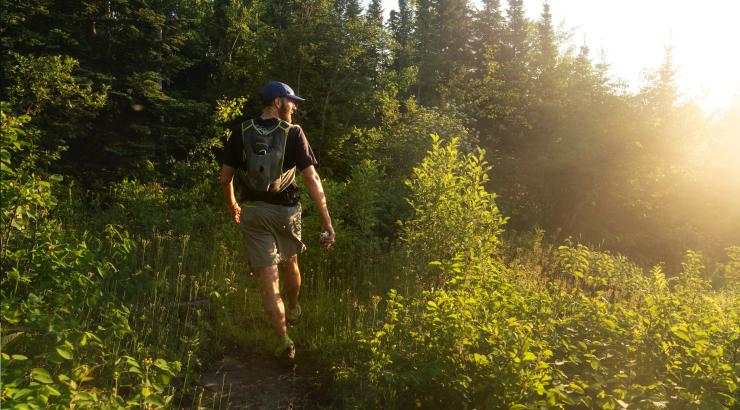 photo of Alex Falconer running through the woods away from the camera with the sun shining in the back