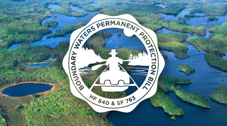aerial photo of boundary waters with logo infront saying "Boundary Waters Permanent Protection Bill" 