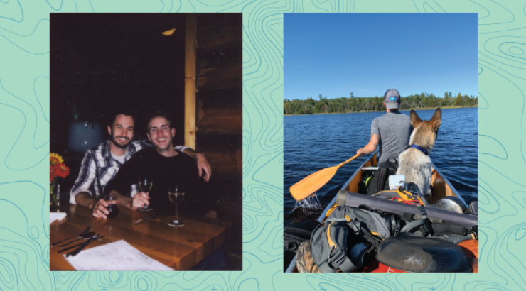 a picture of 2 men sitting at a table smiling and another picture of a man paddling a canoe with a dog sitting behind him