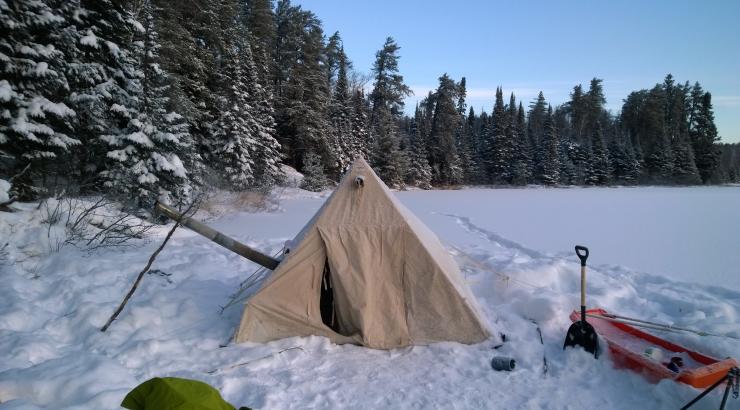 Photo canvas tent on frozen lake in Boundary Waters