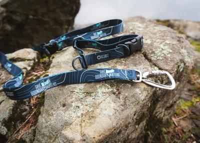 Save the BWCA leash and collar on a rock by a lake