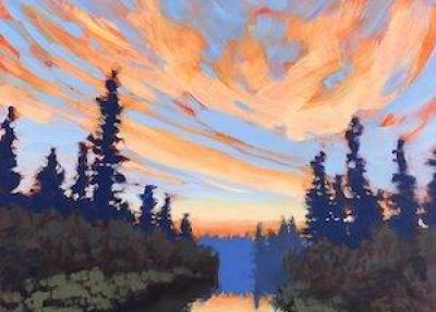 Painting of a river in the Boundary Waters at dusk