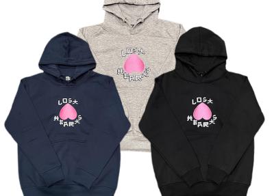 Three hooded sweatshirts (blue, grey, and black) with the Lost Hearts brand printed on the front center