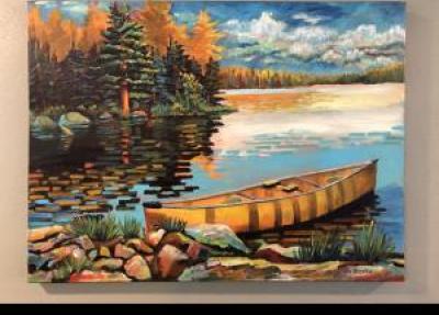A painting of a canoe in the Boundary Waters with a peninsula in the background on the left