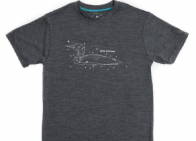 Photo of a dark grey t-shirt with a white constellation of a loon