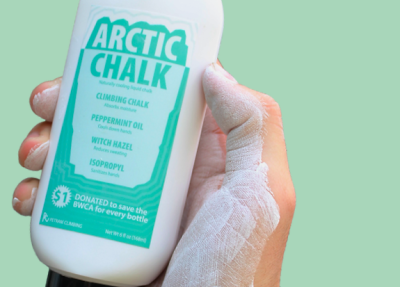 Bottle of Arctic Chalk liquid chalk held in a person's hand