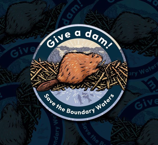 Sticker design with Beaver on a dam saying "Give a Dam!" 