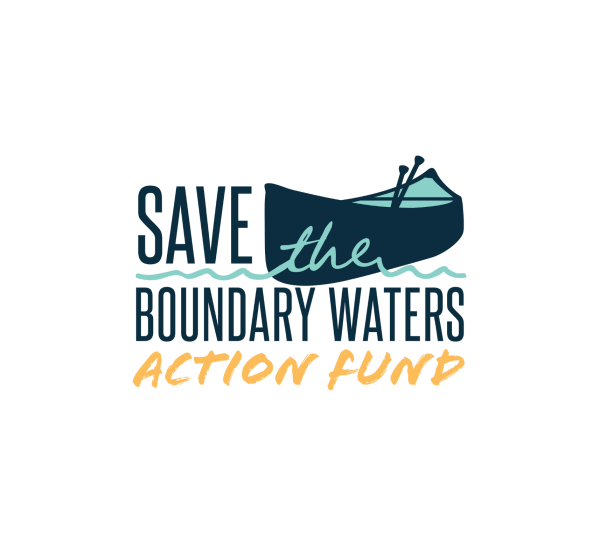 Save the Boundary Waters Action Fund Logo in Navy, Aqua and gold with a canoe