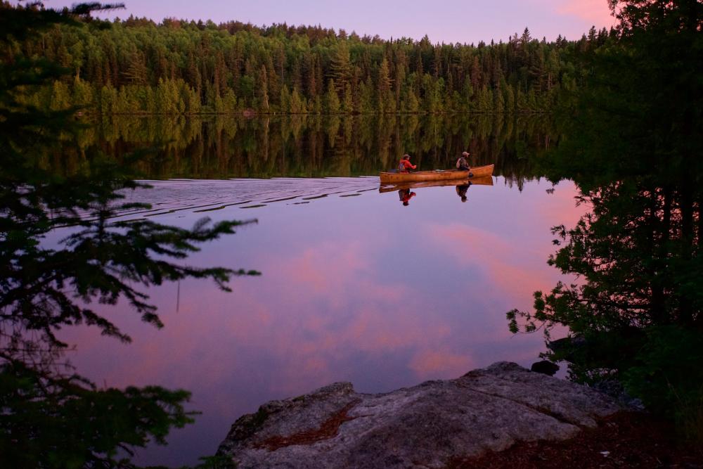 Dave and Amy Freeman paddling in a purple sunset