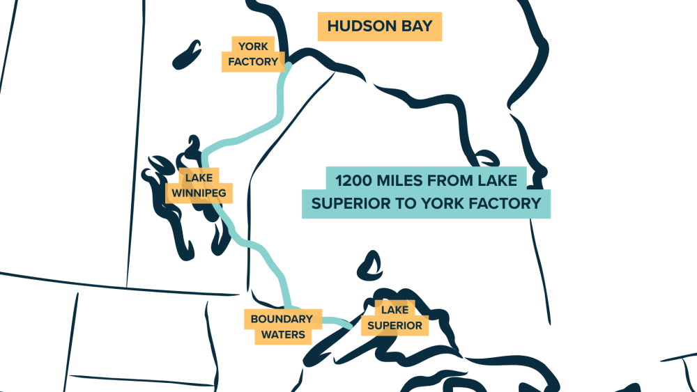 Map of the route the crew took starting from Grand Portage, Minnesota to Hudson Bay in Canada.