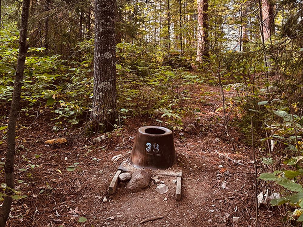 A latrine sits back in the woods, away from camp. 