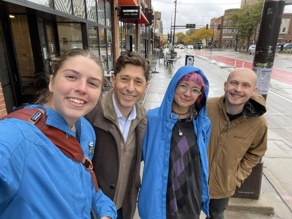 Canvass Director and canvassers with Mayor Jacob Frey, street canvassing. 