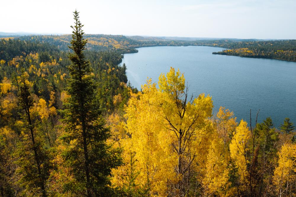 Lake in Boundary Waters with fall colors in the trees