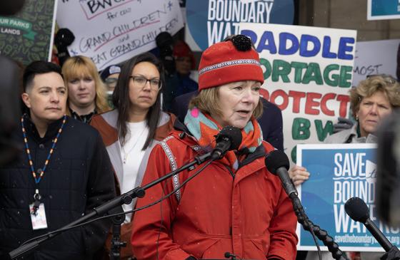 U.S. Senator Tina Smith speaks on the state capitol steps. 