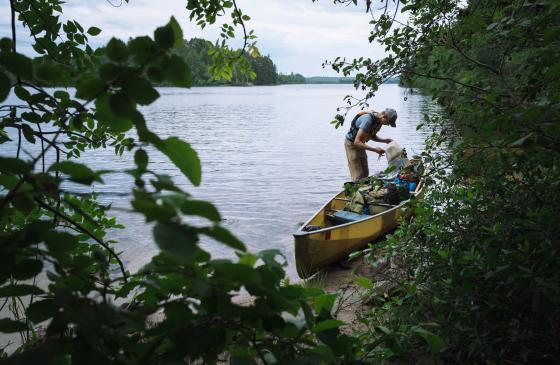 A man leans over his beige canoe on the shoreline of a Boundary Waters lake