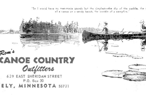 Black and white image of two people in a canoe with the text "Bill Rom's canoe country outfitters"
