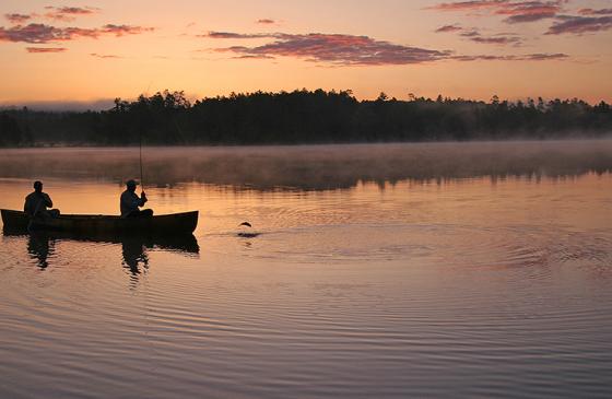 silhouette of 2 people in a canoe at sunset
