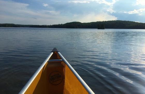 Photo of front of the canoe, taken from the front seat while on water