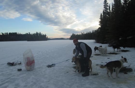 Photo of man standing on snow leaning over a bag with a dog next to him