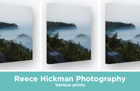 3 prints of cliffs over water and a text bar below saying Reece Hickman Photography