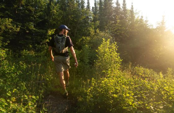 photo of Alex Falconer running through the woods away from the camera with the sun shining in the back