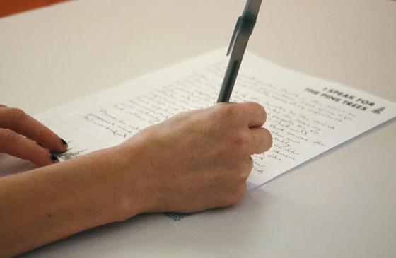 person holding pen over paper