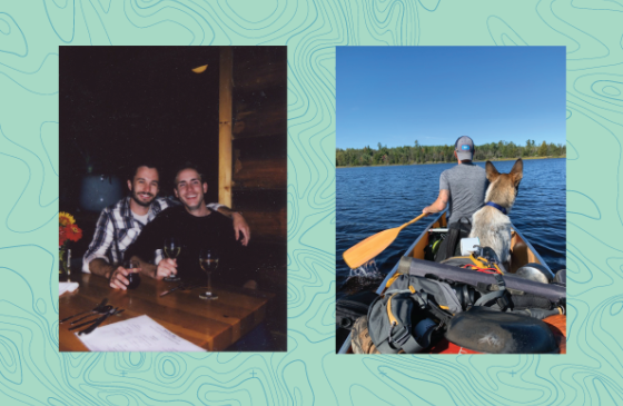 a picture of 2 men sitting at a table smiling and another picture of a man paddling a canoe with a dog sitting behind him