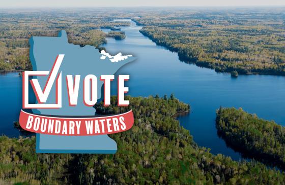 aerial photo of the boundary waters with a minnesota shape over it and the words "vote boundary waters"