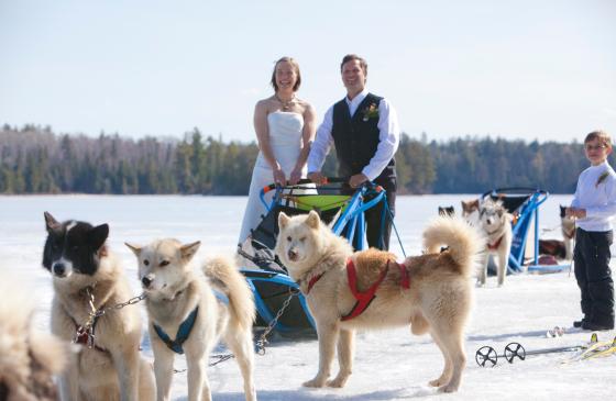 Photo of Dave and Amy freeman in wedding attire standing on sled with sled dogs