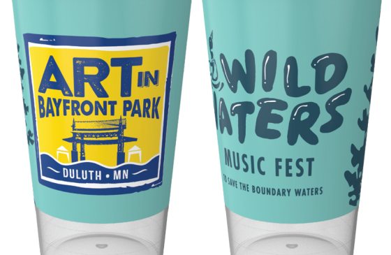 Image of 2 clear cups, 1 says Art at Bayfront Park and one says Wild Waters Music Fest to Save the Boundary Waters