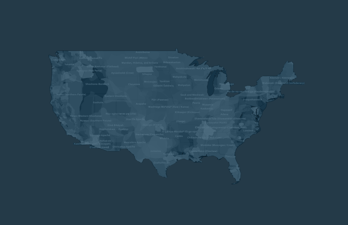 Map of the United States showing locations of native nations