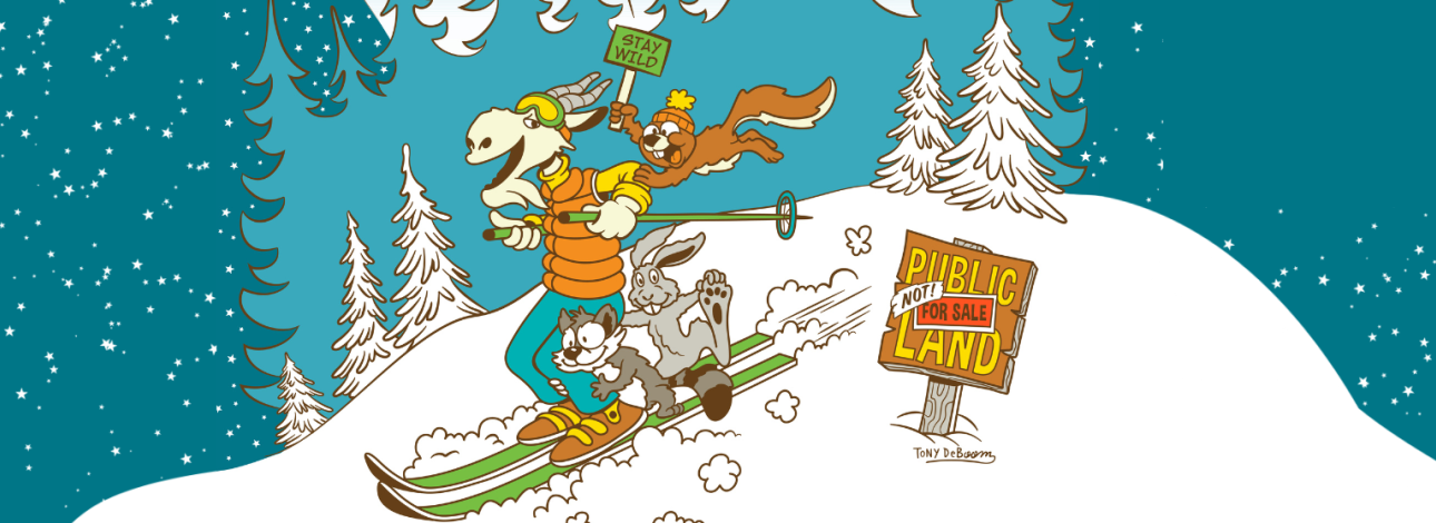 cartoon animals on skis sledding downhill 