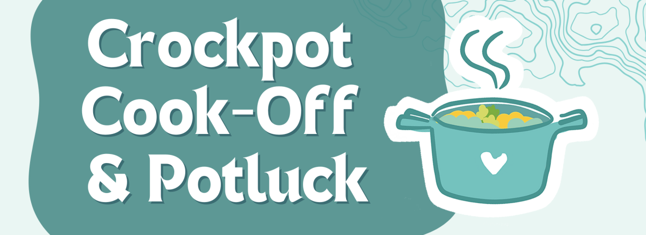 BLUE AND WHITE letters that say crockpot cookoff with picture of crcokpot