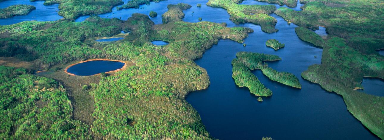 Aerial photo of the Boundary Waters by Jim Brandenburg, lakes and forests